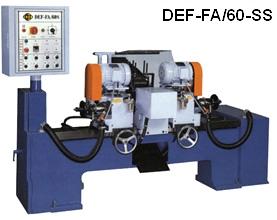 Double end finishing machine with gravity rack feeding system