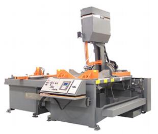 VERTICAL HYDRAULIC BAND SAW, 20" HORIZONTAL X 24" VERTICAL @ 90 DEGREES, 20" HORIZONTAL X 16" VERTICAL @ 45DEGREES(LEFT&RIGHT MITER), 20" HORIZONTAL X 10" VERTICAL @ 60 DEGREES(LEFT&RIGHT MITER) 10HP DRIVE MOTOR, 5HP HYDRAULICS, 4 DEGREE ARM CANT, COMPUTER CONTROLLED FEED SYSTEM, 0-48" STROKE BAR FEED SYSTEM, 1-1/2" X 19'0" X .050 BLADE